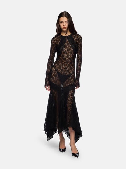 black midi lace dress VIVIENNE Black Studded Lace Women's Mock Neck Midi Dress – Steve Madden main image 1