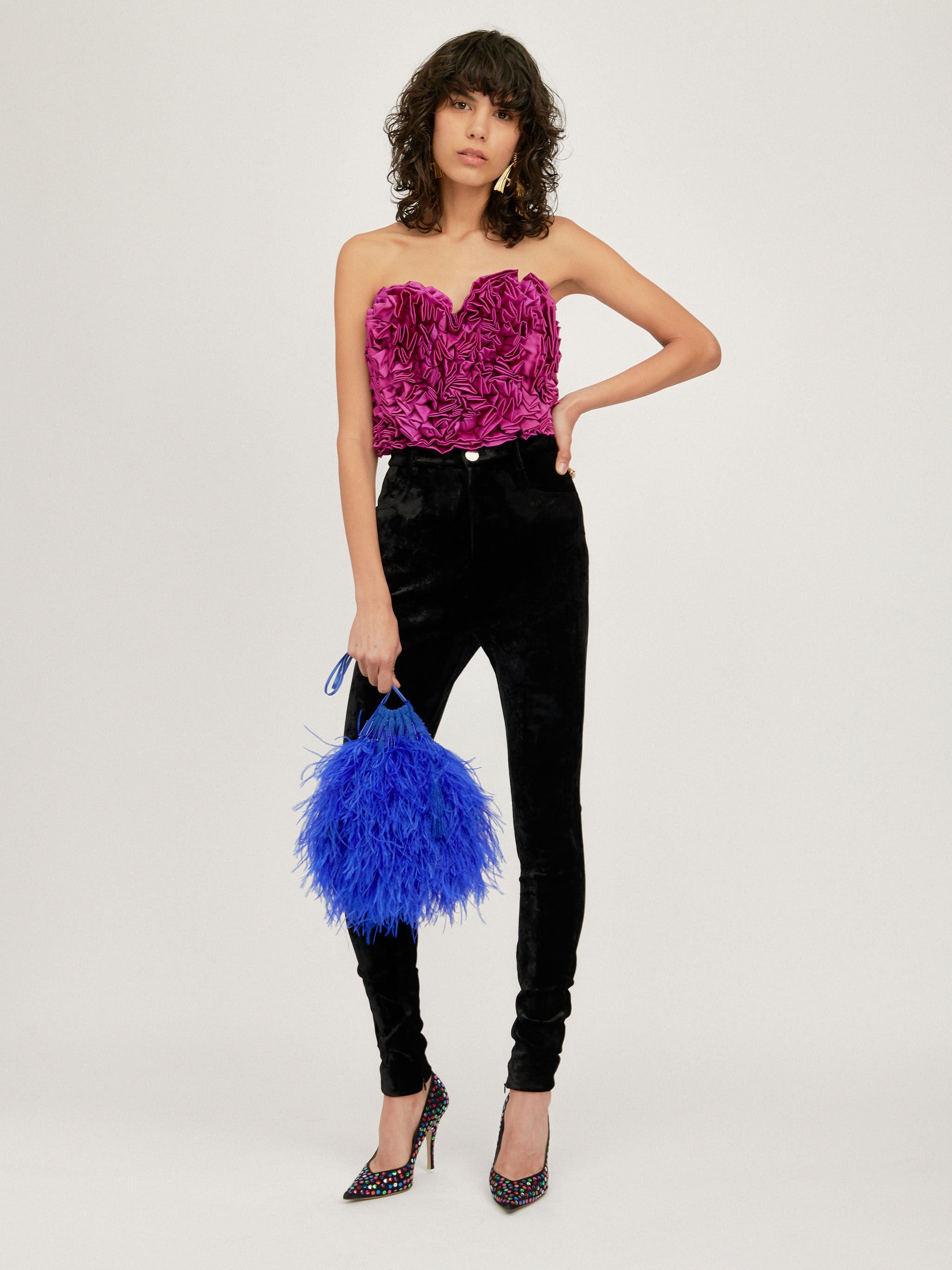 purple strapless top