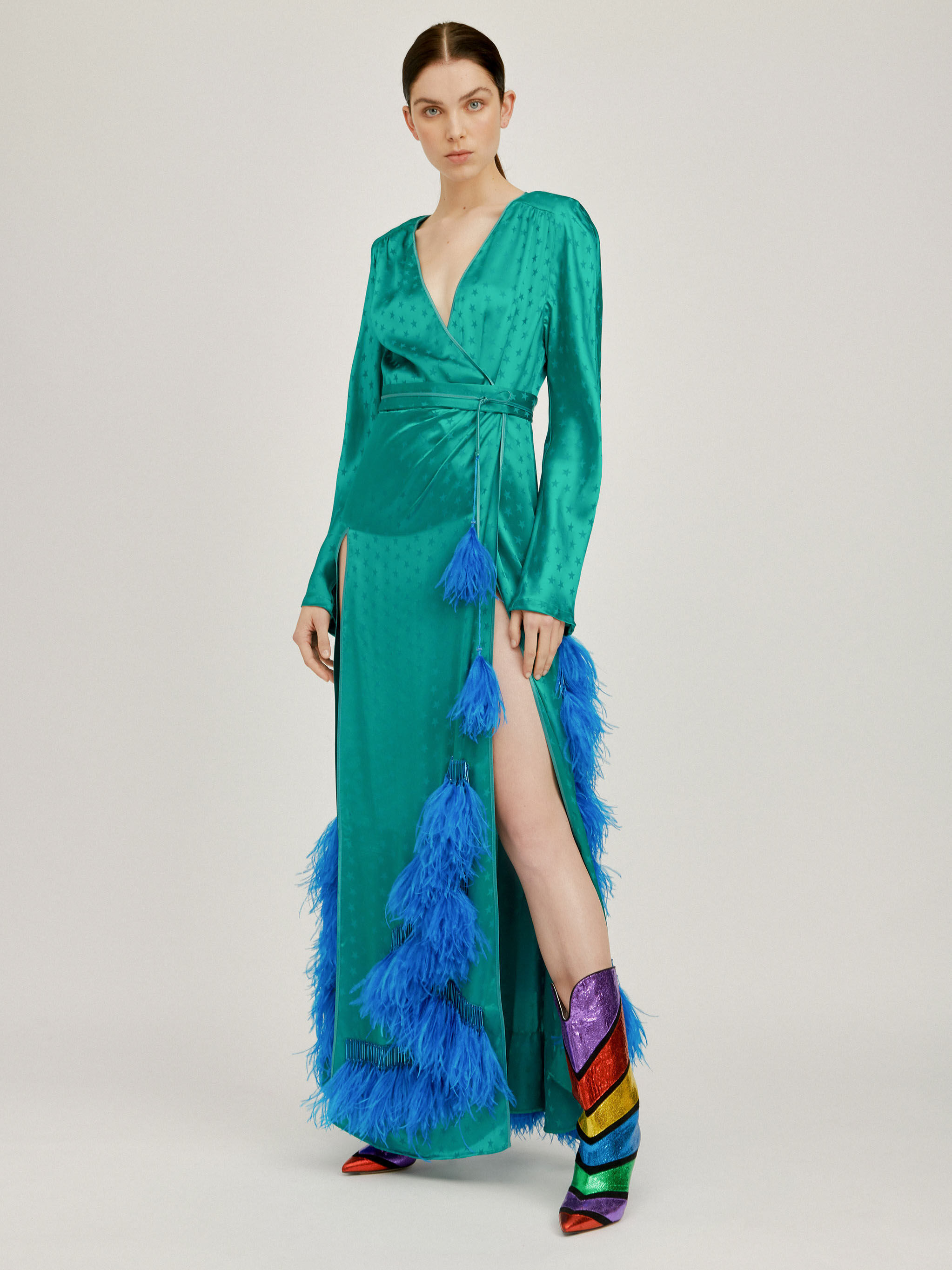 The Attico The Attico Light As A Feather Fluid Jacquard Wrap Dress With Ostrich Feathers