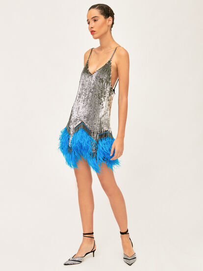 attico blue feather dress Navy V-Neck Smocked Mini Dress with Ric-Rac Inlay – Sail to Sable main image 1