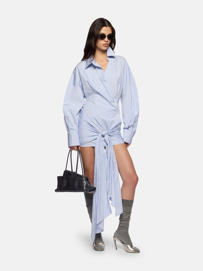 grey blue mini dress Everyday Etiquette Mini Dress - Grey, Yellow and Blue main image 0